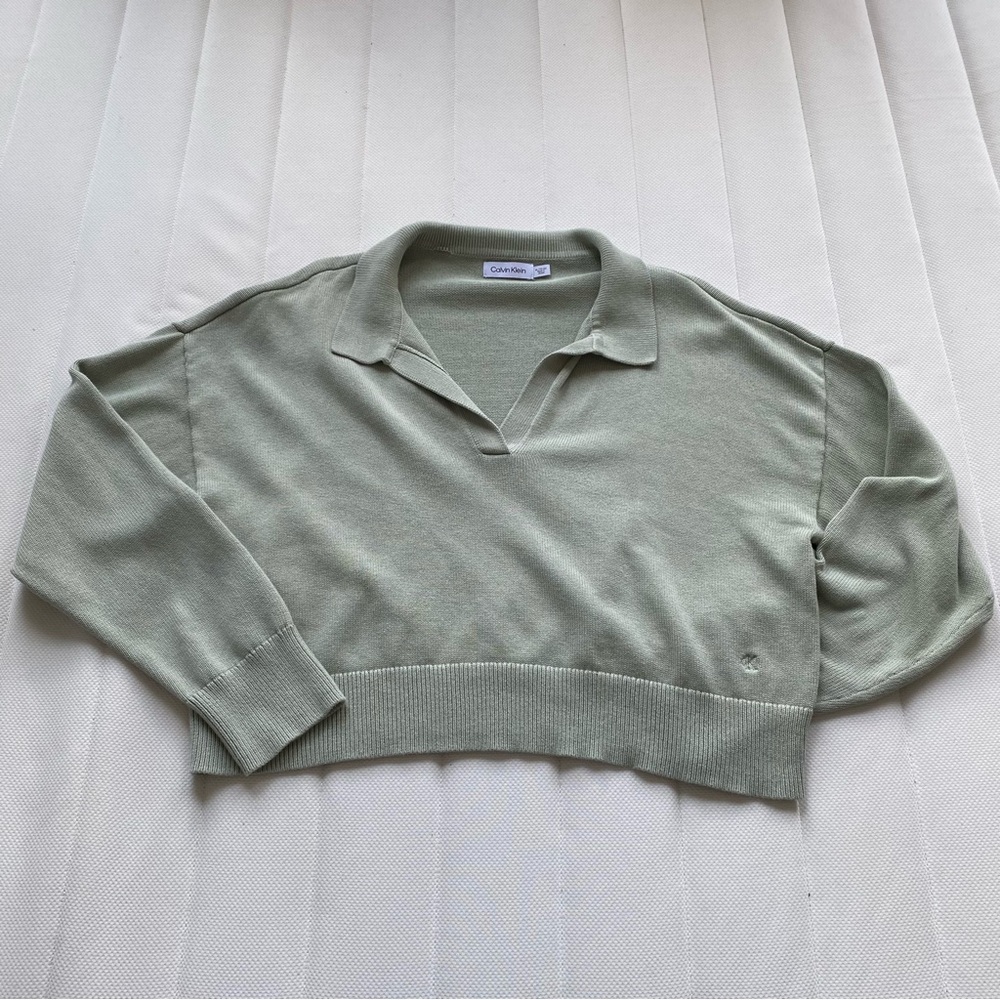 Calvin Klein Light Sage V-Neck Cropped Polo Sweater